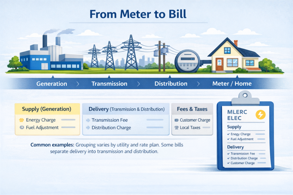 One-panel illustration showing electricity flow from generation to transmission to distribution to a home meter, plus a sample bill grouping charges into supply, delivery, and fees/taxes.