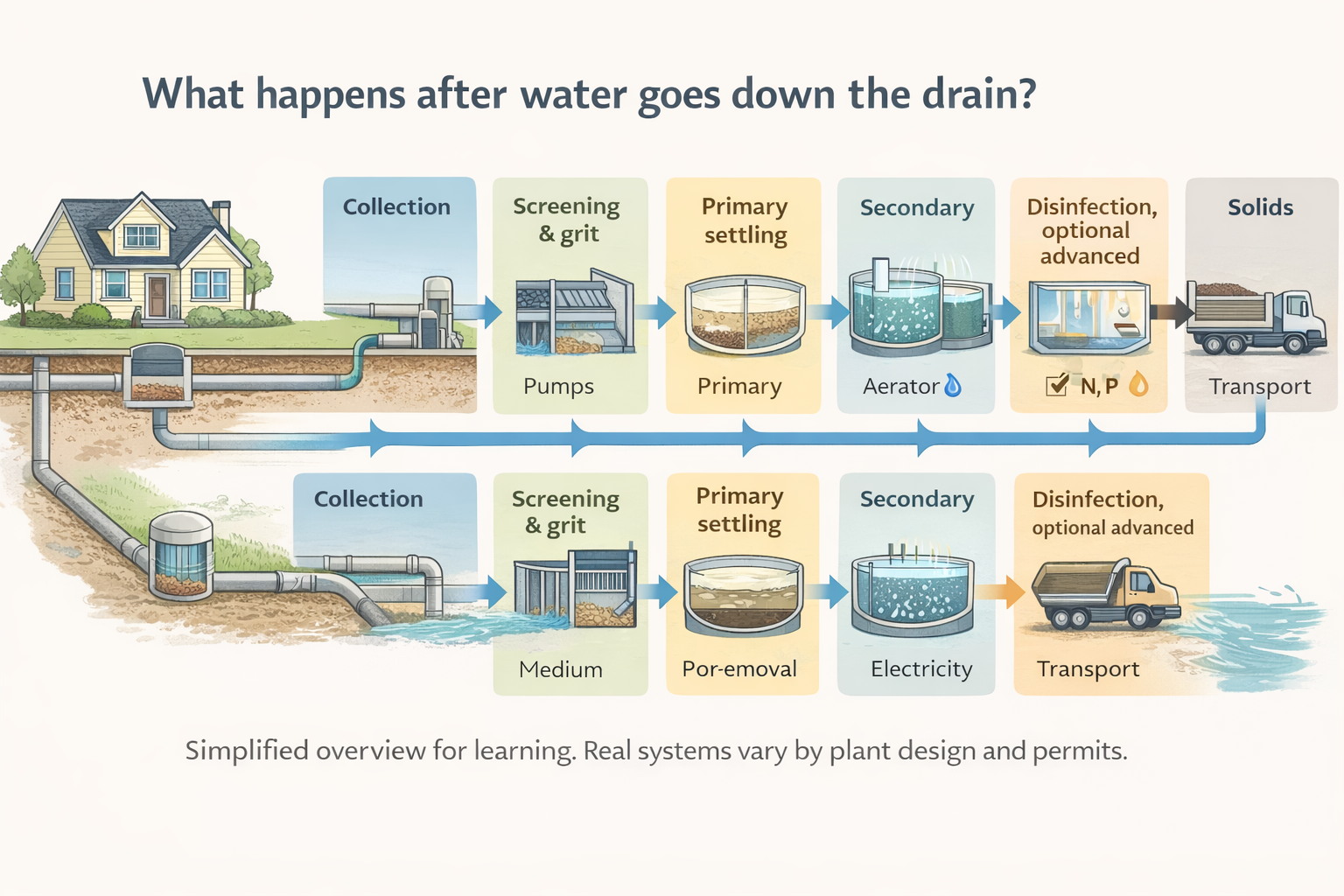Simplified diagram showing wastewater flow from a home into collection pipes and a treatment plant, then through screening and grit removal, primary settling, secondary treatment, disinfection and sometimes advanced treatment, and solids treatment.